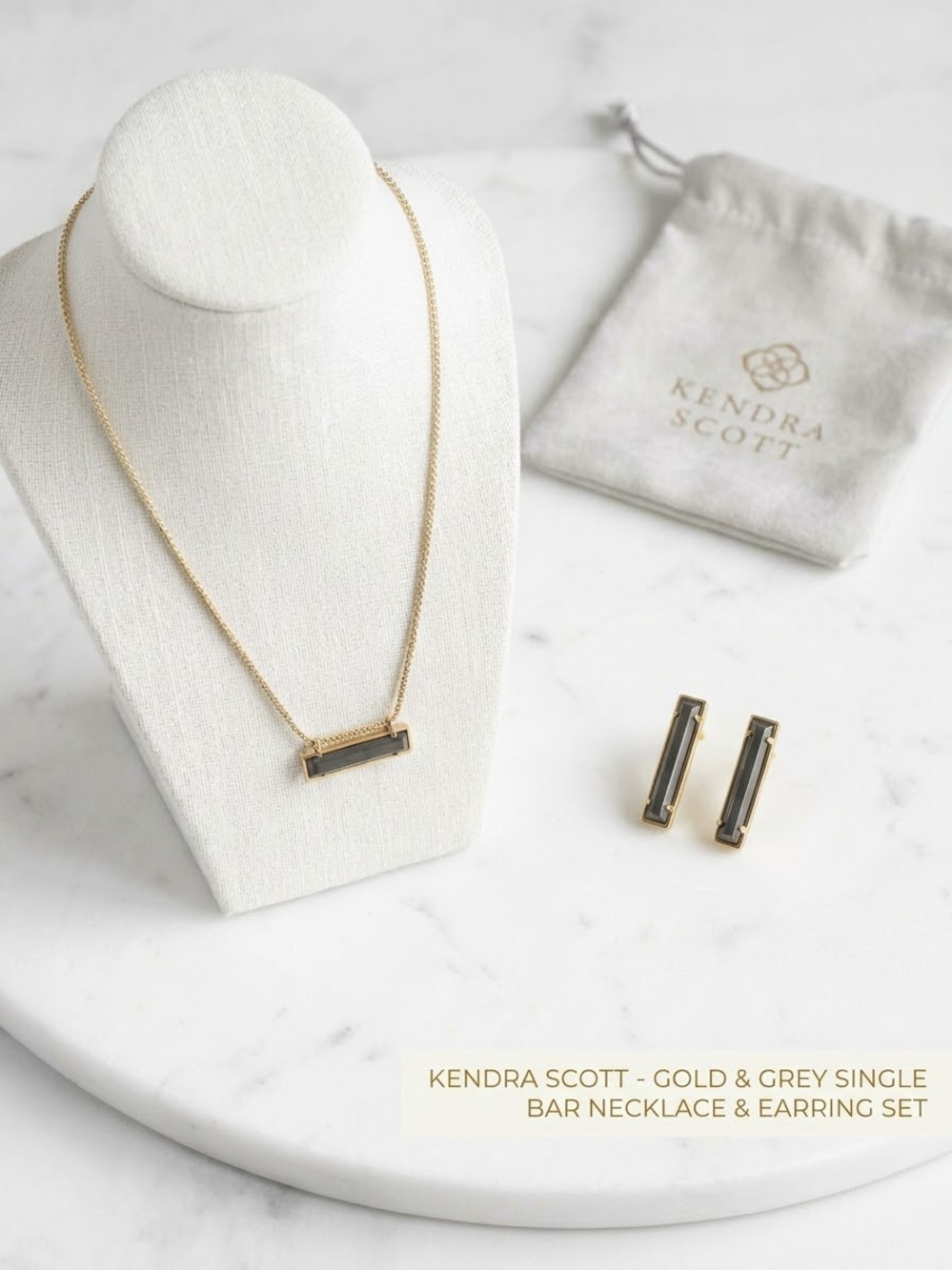Kendra Scott Gold Bar Necklace and Grey Stone Earrings Set